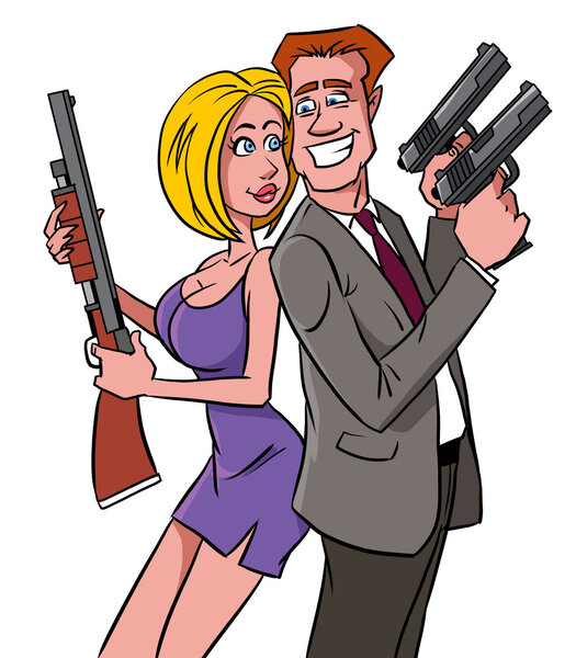Happy man and woman with guns