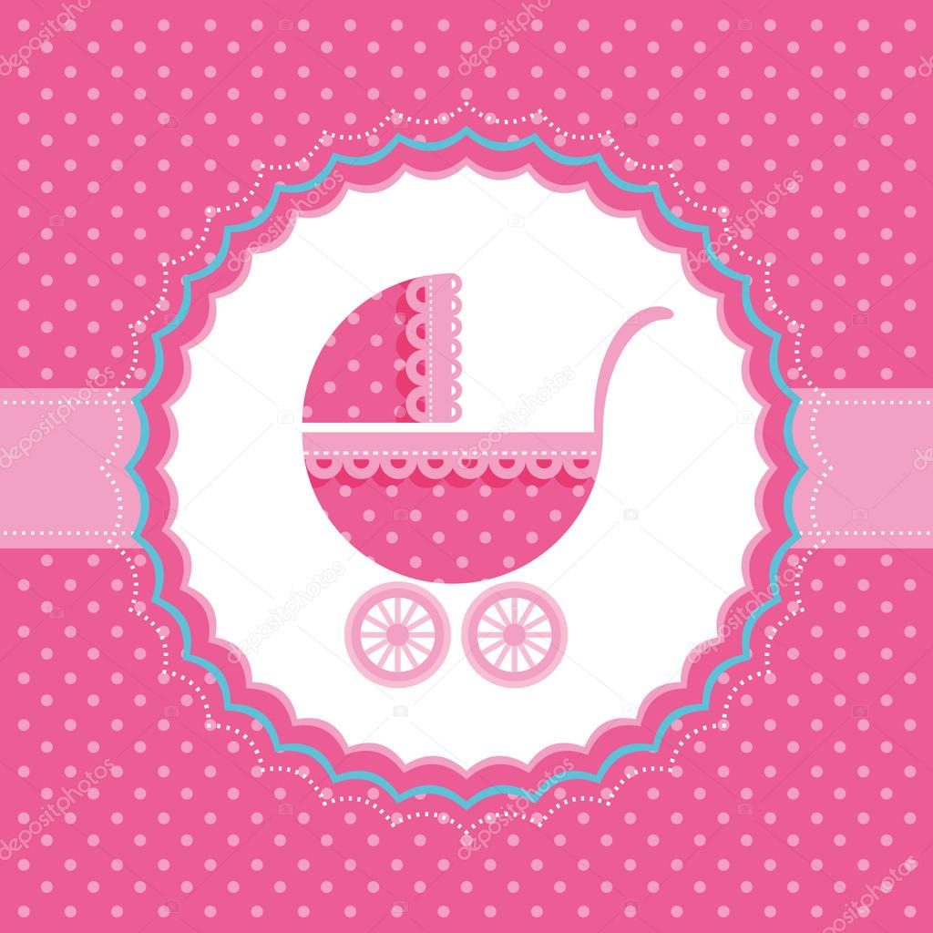 Baby buggy. Baby girl announcement card. Vector illustration.