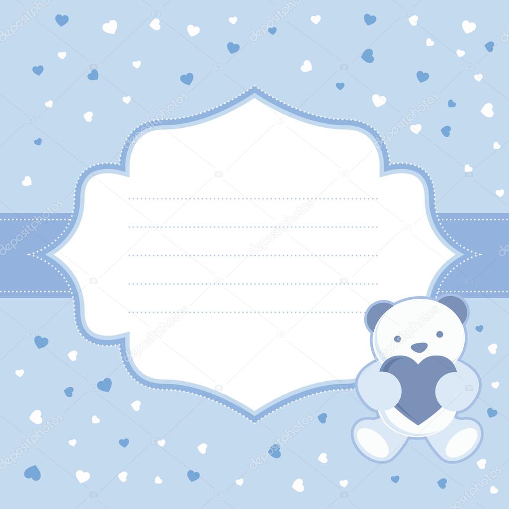 Blue greeting card with teddy bear for baby boy. Baby shower. Vector illustration