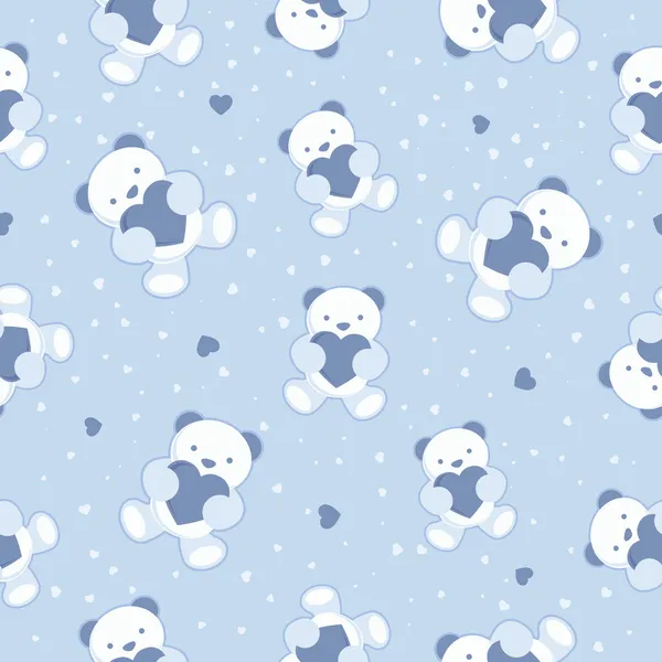 Seamless Blue Baby Background with teddy bear and hearts. Vector illustration. — Stock Vector