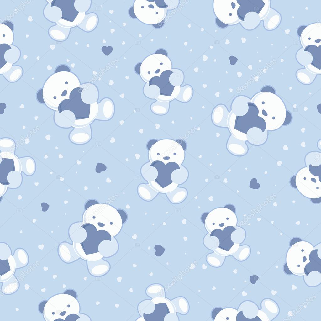 Seamless Blue Baby Background with teddy bear and hearts. Vector illustration.