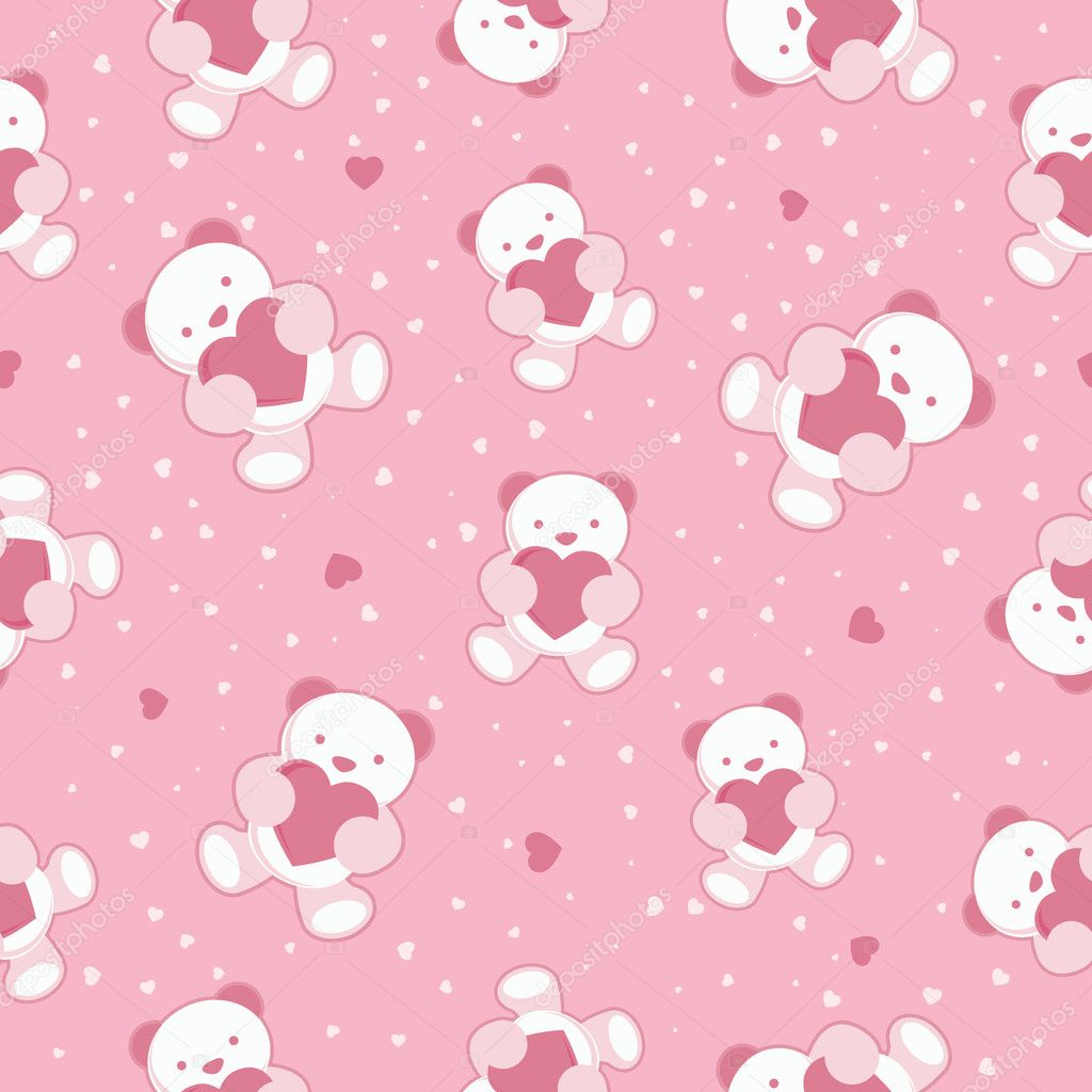 Seamless Pink Baby Background with teddy bear and hearts. Vector illustration.