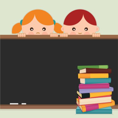 okula dönüş. geri okul çocukları, blackboard ve kitaplar. vektör çizim.