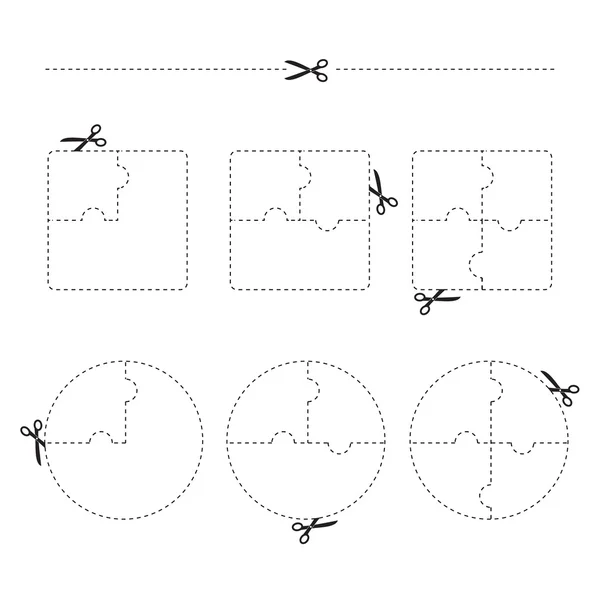 Áreas de rompecabezas de corte con unas tijeras sobre fondo blanco. ilustración vectorial. — Stok Vektör