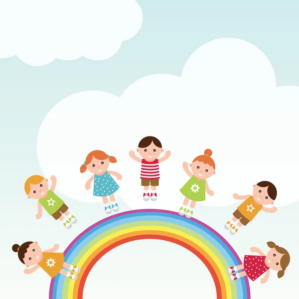 Niños saltando sobre el arco iris. Ilustración vectorial . Gráficos vectoriales
