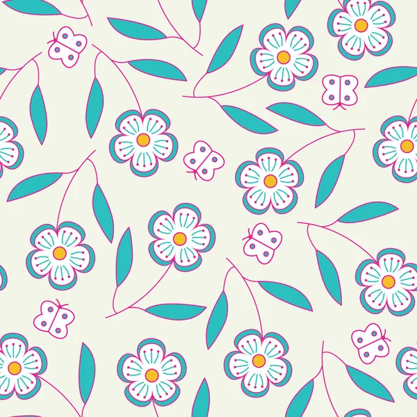 Nahtloses handgezeichnetes Muster mit Blumen und Schmetterlingen. — Stockvektor