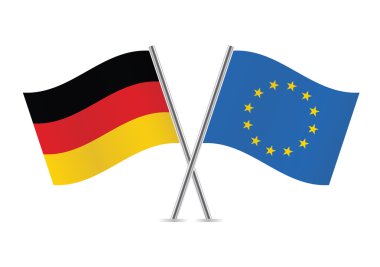 Almanya ve Avrupa Birliği bayrakları aştı. Beyaz arka planda Alman ve AB bayrakları. Vektör simgesi ayarlandı. Vektör illüstrasyonu.