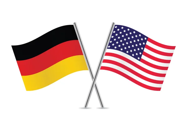 Almanya ve Amerika bayrakları aştı. Beyaz arka planda Alman ve Amerikan bayrakları. Vektör simgesi ayarlandı. Vektör illüstrasyonu.