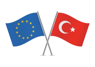 Avrupa Birliği ve Türkiye bayrakları aştı. Beyaz arka planda izole edilmiş AB ve Türk bayrakları. Vektör simgesi ayarlandı. Vektör illüstrasyonu.