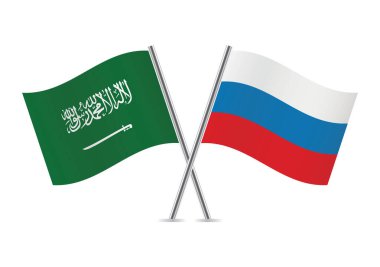 Suudi Arabistan ve Rusya bayrakları. Beyaz arka planda izole edilmiş Suudi ve Rus bayrakları. Vektör illüstrasyonu.
