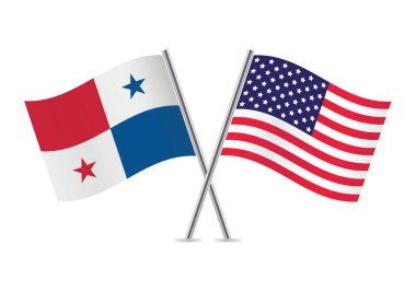 Amerika ve Panama bayrakları. Beyaz arka planda izole edilmiş Amerikan ve Panama bayrakları. Vektör illüstrasyonu.