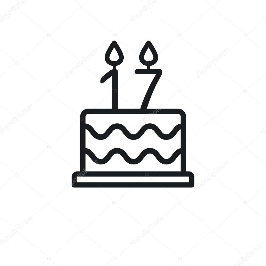 Birthday cake line icon with candle number 17. Vector.