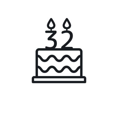 Birthday cake line icon with candle number 32. Vector.