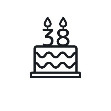 Birthday cake line icon with candle number 38. Vector.
