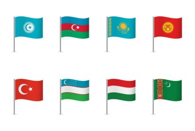 Azerbaycan, Kazakistan, Kırgızistan, Türkiye, Özbekistan) beyaz arka planda Türk devletlerinin bayraklarının organizasyonu. Gözlemci ülkeler (Macaristan, Türkmenistan). Vektör simgesi ayarlandı. Vektör illüstrasyonu