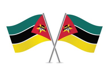 Mozambik bayrakları geçti. Beyaz arka planda Mozambik bayrakları. Vektör simgesi ayarlandı. Vektör illüstrasyonu.
