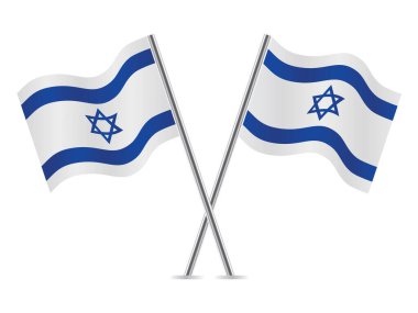 İsrail bayrakları aştı. Beyaz arka planda İsrail bayrakları. Vektör illüstrasyonu. 