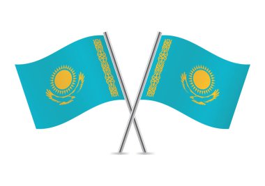 Kazakistan bayrakları aştı. Beyaz arka planda Kazak bayrakları var. Vektör simgesi ayarlandı. Vektör illüstrasyonu.