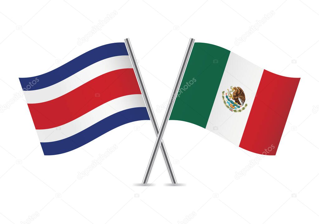 Costa Rica and Mexico crossed flags. Costa Rican and Mexican flags on white background. Vector icon set. Vector illustration.