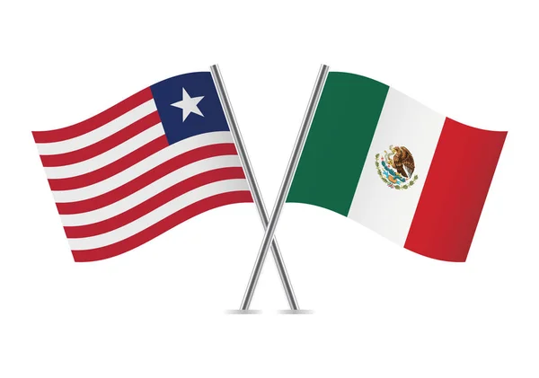 Liberia Mexico Crossed Flags Liberian Mexican Flags White Background Vector — стоковый вектор