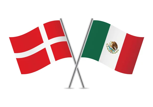 Danimarka Meksika Bayrakları Aştı Beyaz Arka Planda Danimarka Meksika Bayrakları — Stok Vektör