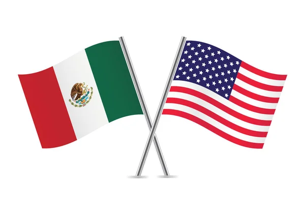 Bandeiras México América Bandeiras Mexicanas Americanas Fundo Branco Ilustração Vetorial — Vetor de Stock