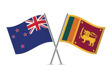 Yeni Zelanda ve Sri Lanka bayrakları aştı. Beyaz arka planda NZ ve Sri Lanka bayrakları var. Aslan bayrağı. Sinha Bayrağı. Vektör simgesi ayarlandı. Vektör illüstrasyonu.