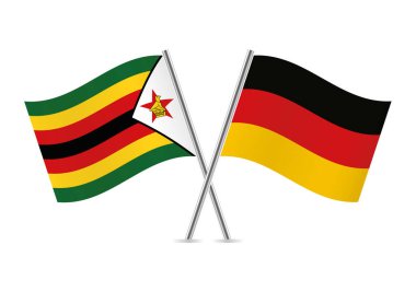 Zimbabve Cumhuriyeti ve Almanya bayrakları aştı. Beyaz arka planda Zimbabwean ve Alman bayrakları. Vektör simgesi ayarlandı. Vektör illüstrasyonu.