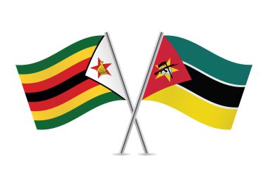 Zimbabwe ve Mozambik bayrakları aştı. Beyaz arka planda Zimbabve ve ve Mozambik bayrakları. Vektör simgesi ayarlandı. Vektör illüstrasyonu.