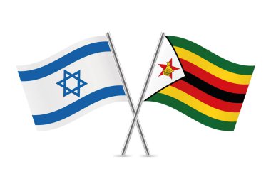 İsrail ve Zimbabwe bayrakları aştı. Beyaz arka planda İsrail ve Zimbabve bayrakları var. Vektör simgesi ayarlandı. Vektör illüstrasyonu.