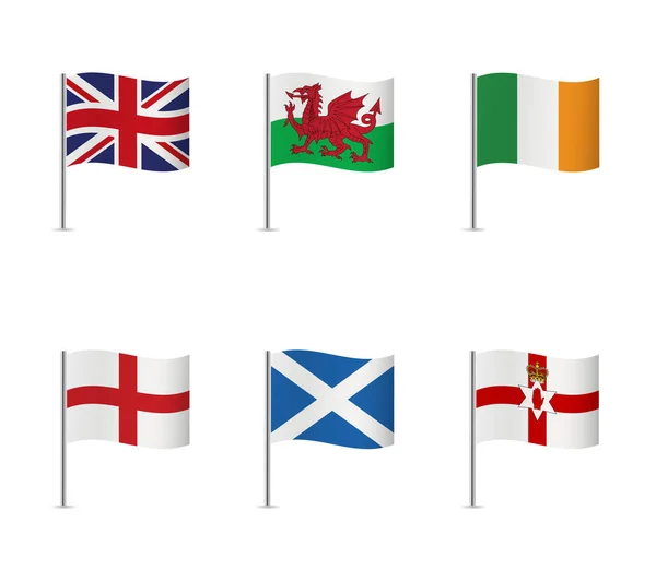 İngiliz Adaları 'nın Bayrak Simgeleri. İngiltere, Galler, İrlanda, İngiltere, İskoçya, Kuzey İrlanda bayrakları. Vektör illüstrasyonu.
