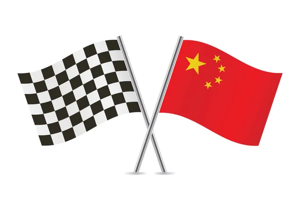 Checkered Racing China Crossed Flags Isolated White Background Vector Icon — Stockový vektor