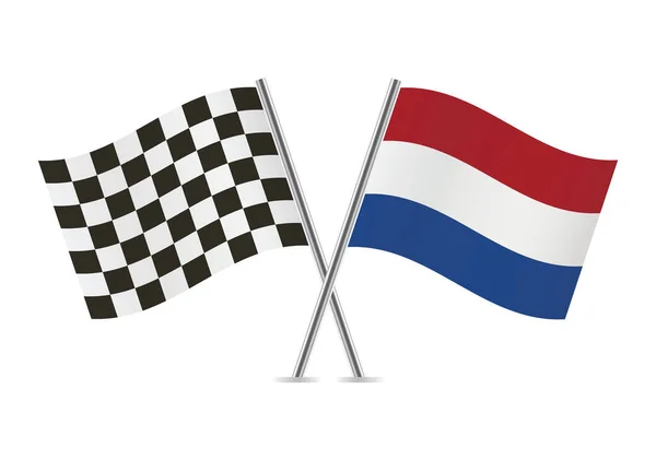 Checkered Racing Netherlands Crossed Flags Isolated White Background Vector Icon — Stock Vector