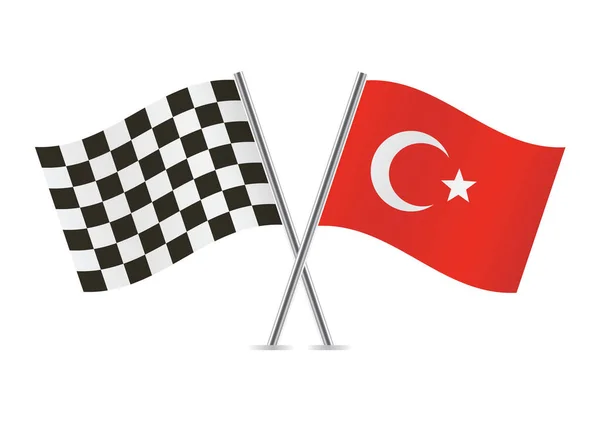 Checkered Racing Turkey Crossed Flags Isolated White Background Vector Icon — Vetor de Stock