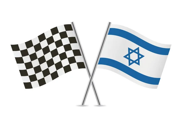 Checkered Balap Dan Israel Menyeberangi Bendera Terisolasi Latar Belakang Putih - Stok Vektor