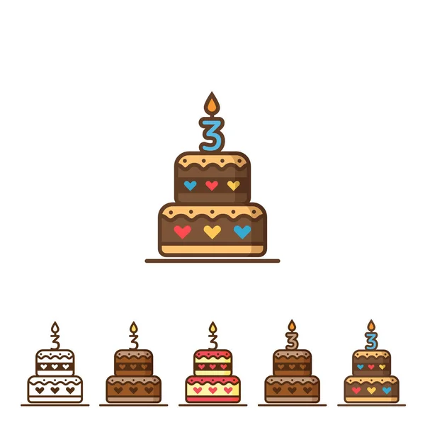 2階建ての誕生日ケーキ キャンドルナンバー3 のカラフルなアイコン ベクターイラスト — ストックベクタ