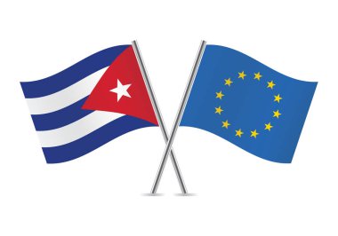 Küba ve Avrupa Birliği bayrakları aştı. Beyaz arka planda Küba ve AB bayrakları. Vektör simgesi ayarlandı. Vektör illüstrasyonu.