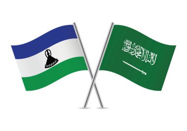 Lesotho ve Suudi Arabistan Krallığı bayrakları çaprazladı. Beyaz arka planda Basotho ve Suudi Arabistan bayrakları. Vektör simgesi ayarlandı. Vektör illüstrasyonu.