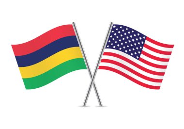 Mauritius ve Amerika bayrakları aştı. Beyaz arka planda Mauritian ve Amerikan bayrakları. Vektör simgesi ayarlandı. Vektör illüstrasyonu.