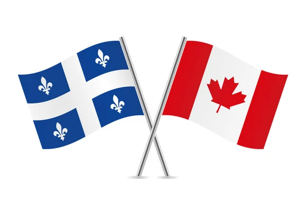 Québec Canada Hanno Incrociato Bandiere Bandiere Quebecois Canadesi Sfondo Bianco — Vettoriale Stock