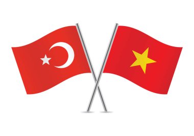 Türkiye ve Vietnam bayrakları aştı. Beyaz arka planda Türk ve Vietnam bayrakları. Vektör simgesi ayarlandı. Vektör illüstrasyonu.