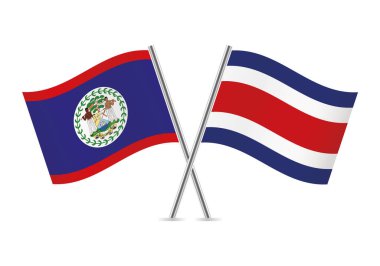 Belize ve Kosta Rika bayrakları aştı. Beyaz arka planda Belizean ve Kosta Rika bayrağı. Vektör simgesi ayarlandı. Vektör illüstrasyonu.