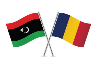 Libya ve Chad bayrakları aştı. Beyaz arka planda Libya ve Chadian bayrakları var. Vektör simgesi ayarlandı. Vektör illüstrasyonu.