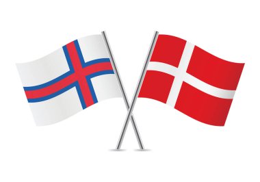 Faroe Adaları ve Danimarka bayrakları aştı. Beyaz arka planda Faroe ve Danimarka bayrakları. Vektör simgesi ayarlandı. Vektör illüstrasyonu.