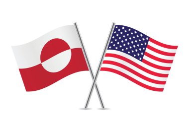 Grönland ve Amerika bayrakları aştı. Beyaz arka planda Grönland ve Amerikan bayrakları. Vektör simgesi ayarlandı. Vektör illüstrasyonu. 