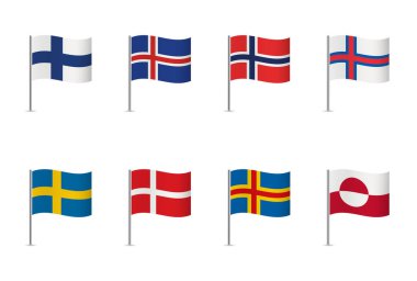 Kuzey Konsey ülkeleri ve bölgeleri bayraklar. Finlandiya, İzlanda, Norveç, Faroe Adaları, İsveç, Danimarka, Aland Adaları ve Grönland. Vektör simgesi ayarlandı. 
