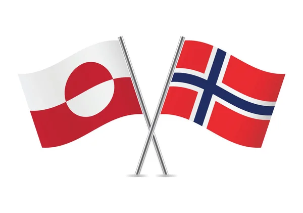Grönland Norveç Bayrakları Aştı Beyaz Arka Planda Grönland Norveç Bayrakları — Stok Vektör