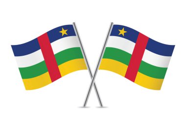 Orta Afrika Cumhuriyeti bayrakları çaprazladı. Beyaz arka planda Centrafrique bayrakları. Vektör simgesi ayarlandı. Vektör illüstrasyonu.