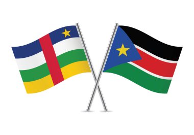 Orta Afrika Cumhuriyeti ve Güney Sudan bayrakları çaprazladı. Centrafrique ve Güney Sudan bayrakları beyaz arka planda. Vektör simgesi ayarlandı. Vektör illüstrasyonu.