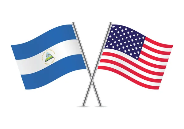 Repubblica Del Nicaragua America Hanno Attraversato Bandiere Bandiere Nicaraguensi Americane — Vettoriale Stock